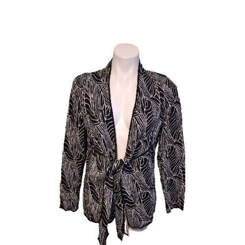 Dana Buchman Women's Medium Cardigan Sweater Black White Abstract Tie Front New - Picture 1 of 10